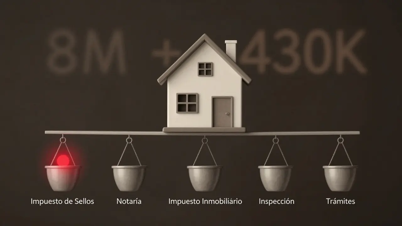 Casa flotante equilibrada por seis pesos representando los costos de compraventa en Argentina.