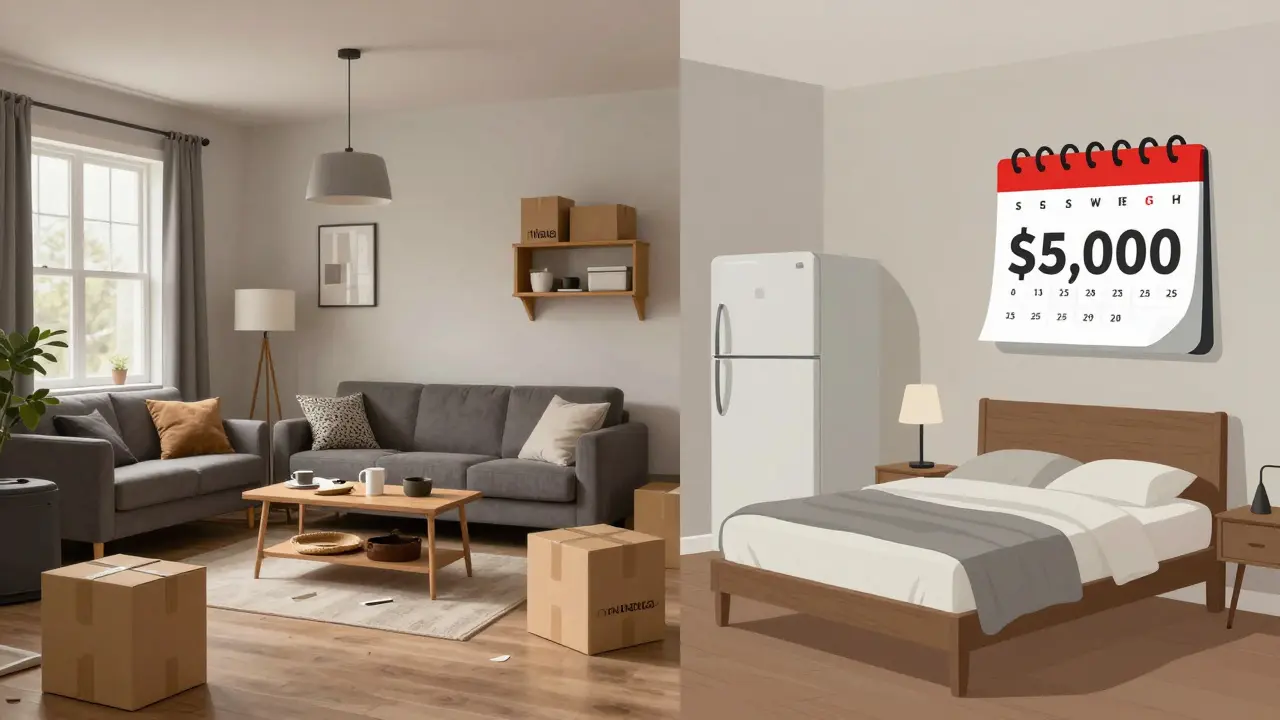 Comparación visual entre compras impulsivas y ahorro disciplinado en una nueva vivienda, con muebles nuevos y un fondo de emergencia.