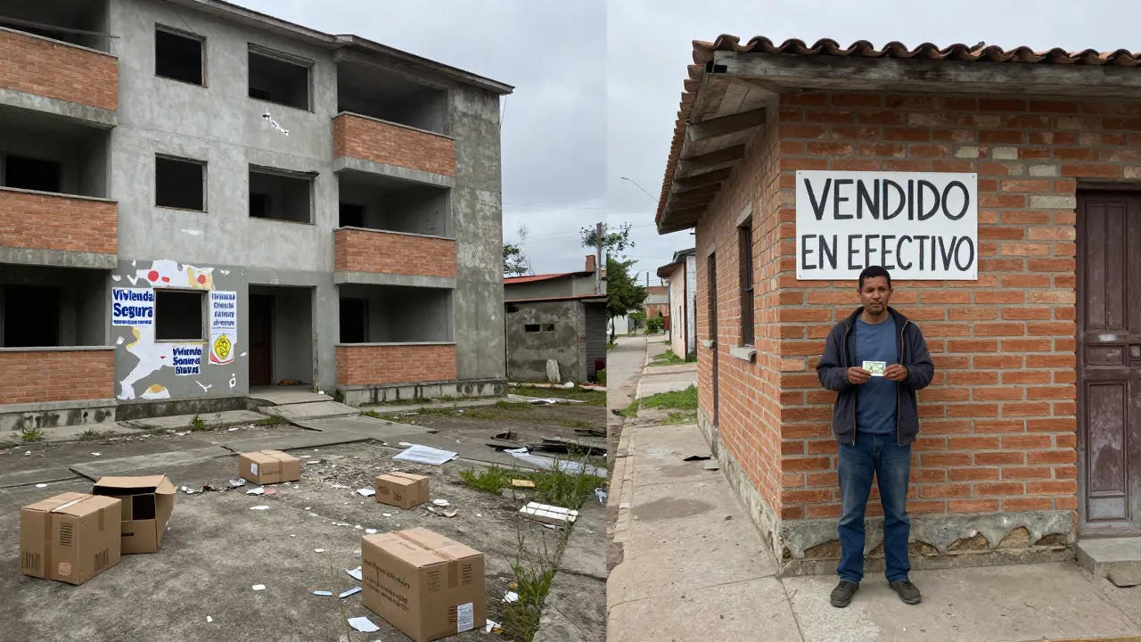 Complejo de vivienda de segmento medio abandonado en Córdoba, con carteles desgastados y un hombre entregando efectivo en una casa antigua.