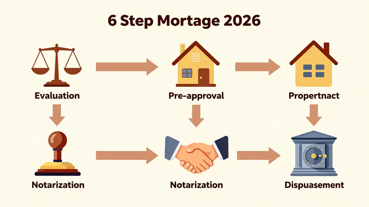 Diagrama visual de los 6 pasos para comprar una casa con hipoteca en Argentina 2026.