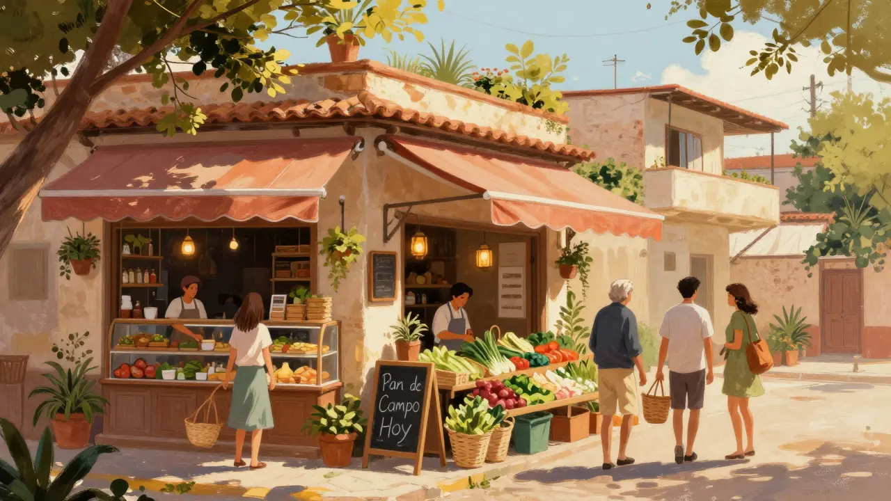 Esquina vibrante de Villa Urquiza con panadería y verdulería local, clientes conversando bajo toldos, luz cálida de tarde.