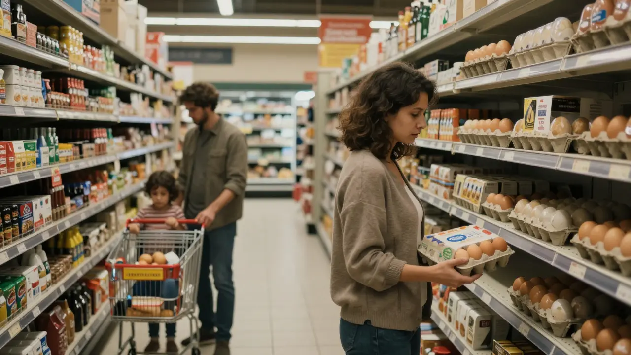 Familia en Buenos Aires comprando con opciones vs. madre en el interior frente a un estante vacío.