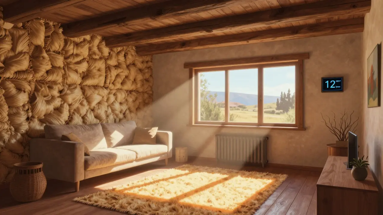 Interior de Casa Pampa en Mendoza con aislamiento de lana de oveja y luz natural, mostrando bajo consumo energético.