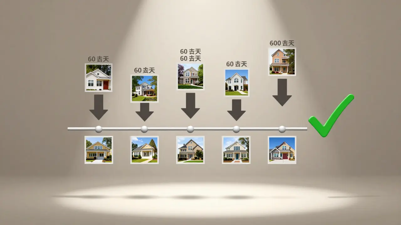 Línea de tiempo que muestra cambios en el precio y fotos de una propiedad durante dos meses.
