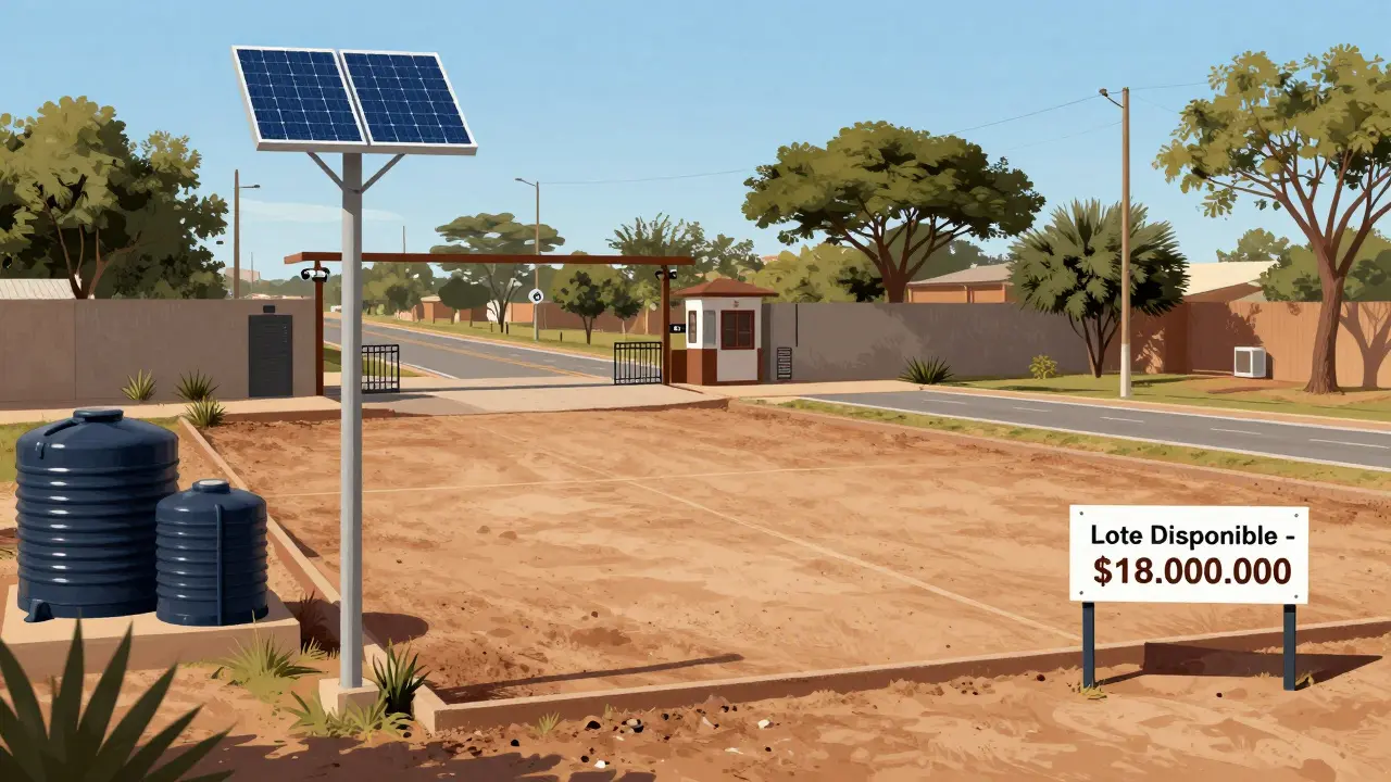 Lote vacío en Córdoba con paneles solares y entrada vigilada, señal de venta visible.