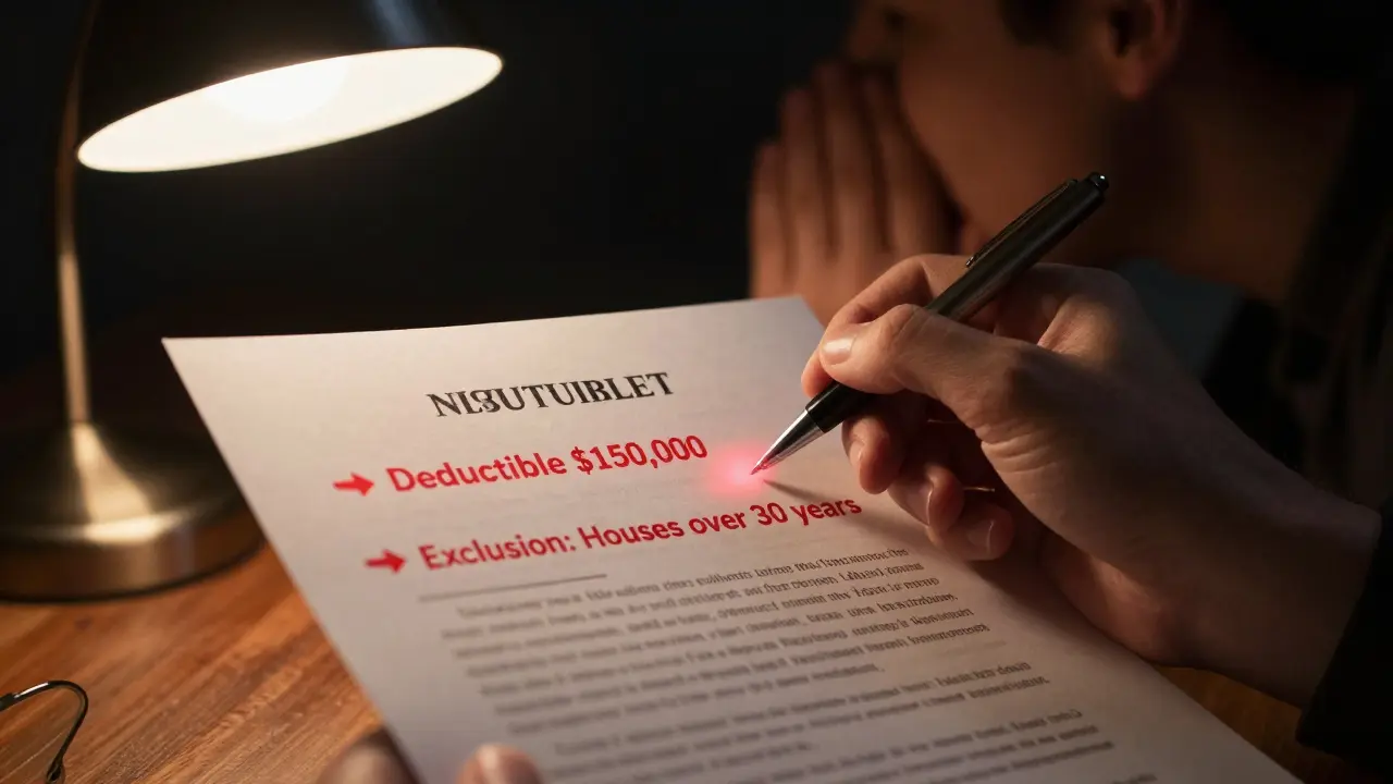 Mano firmando un contrato con cláusulas ocultas iluminadas en rojo, sombra de un vendedor engañoso.