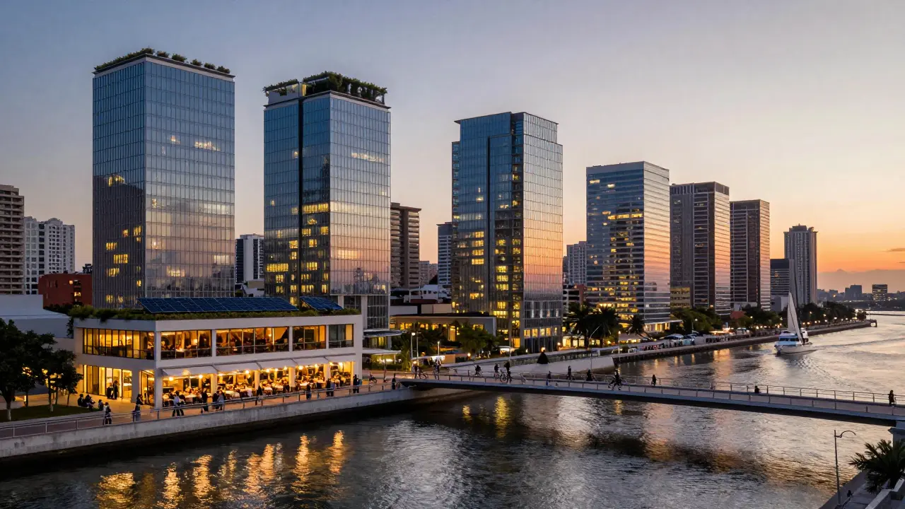 Modern glass towers in Puerto Madero reflecting sunset over the river with pedestrians and restaurants.