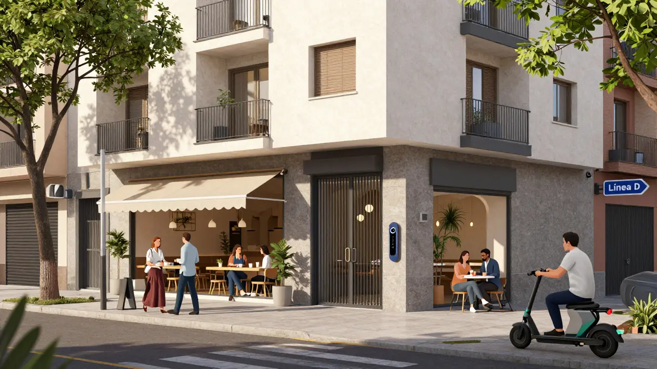 Modern residential building in Belgrano R next to a café, with metro sign and professionals enjoying the street.