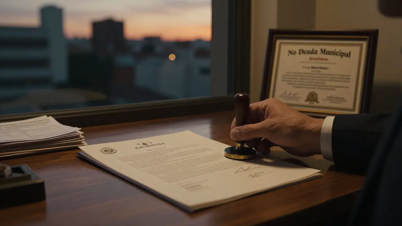 Notario sellando escritura en oficina en Santa Fe, Argentina, con documentos legales visibles.