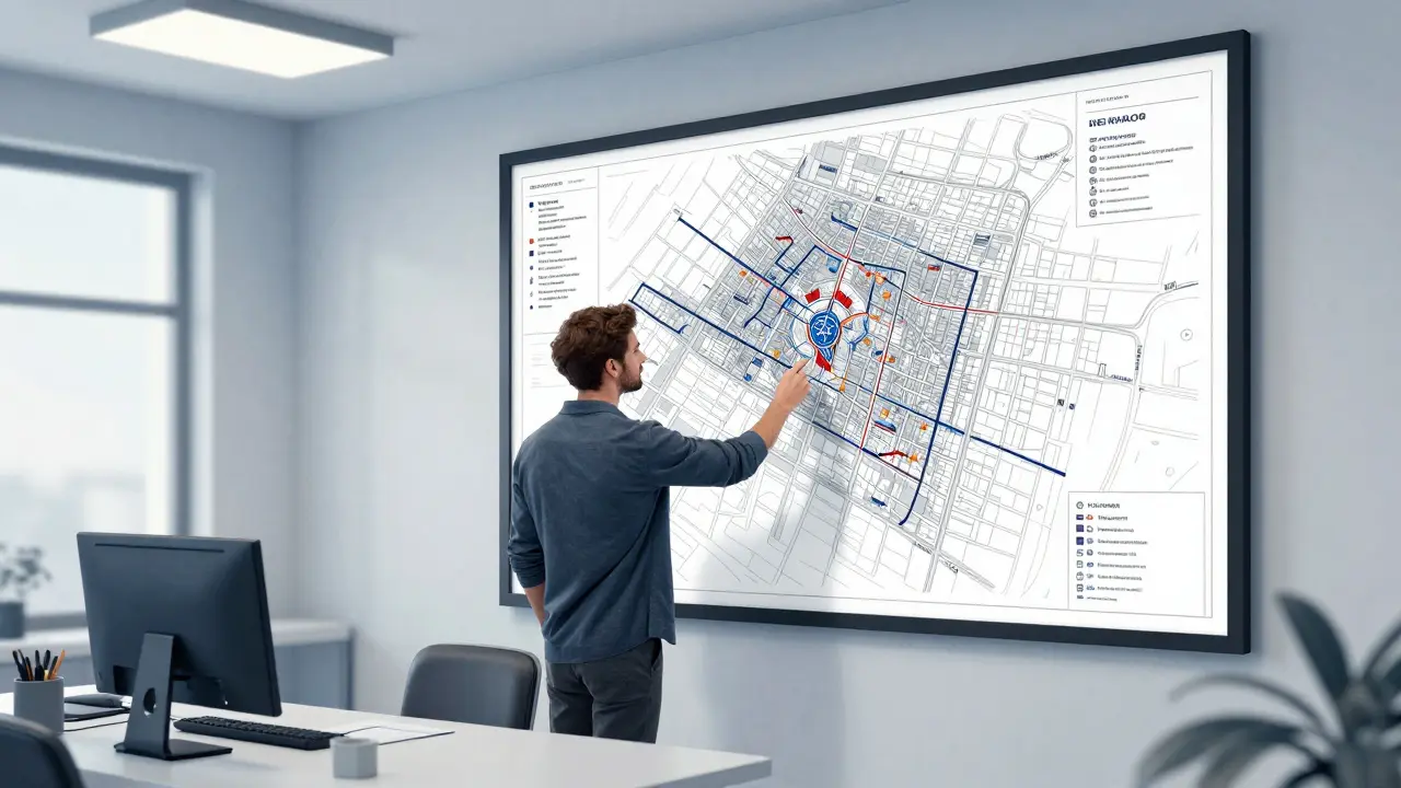 Oficial revisando plano urbanístico en ayuntamiento español.