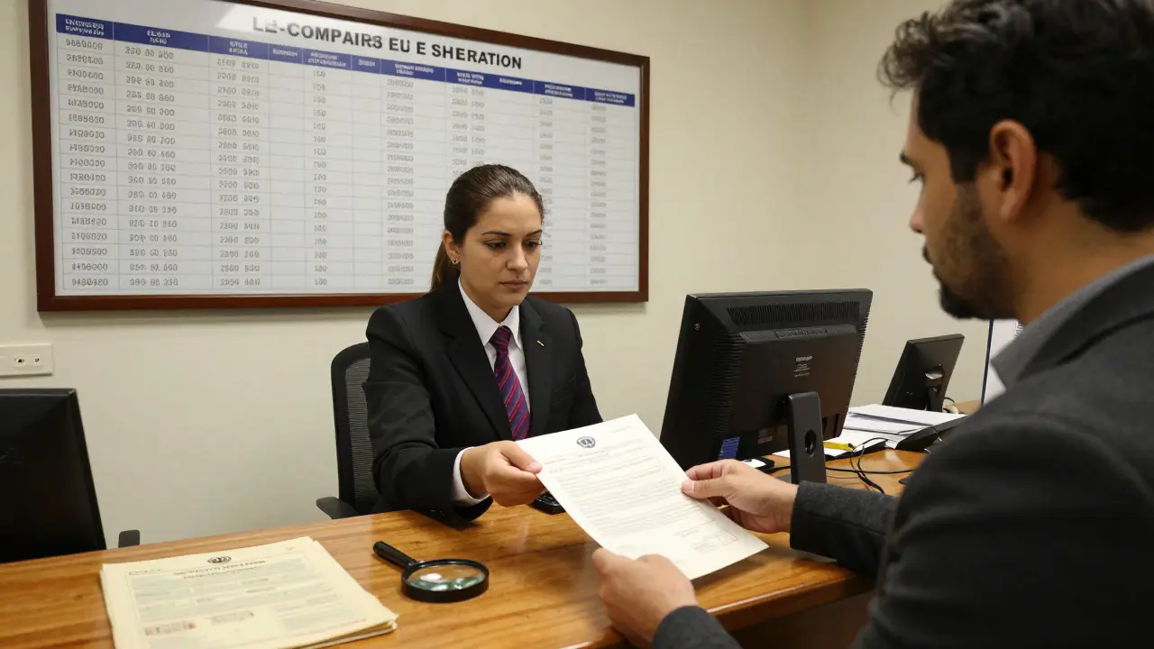 Oficina del registro de propiedad en Rosario, con un funcionario entregando un documento a un comprador.