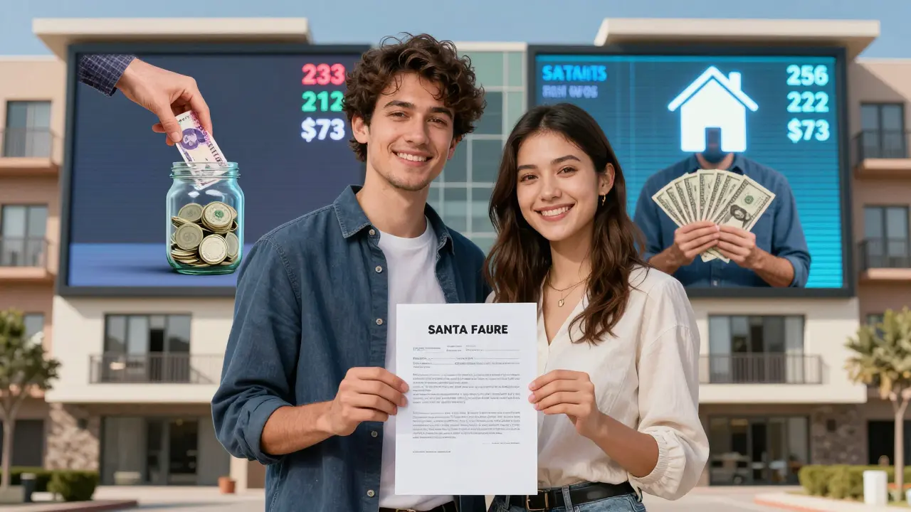 Pareja con contrato de vivienda ajustado al dólar, fondo con pantallas de tipo de cambio y diferencias económicas.