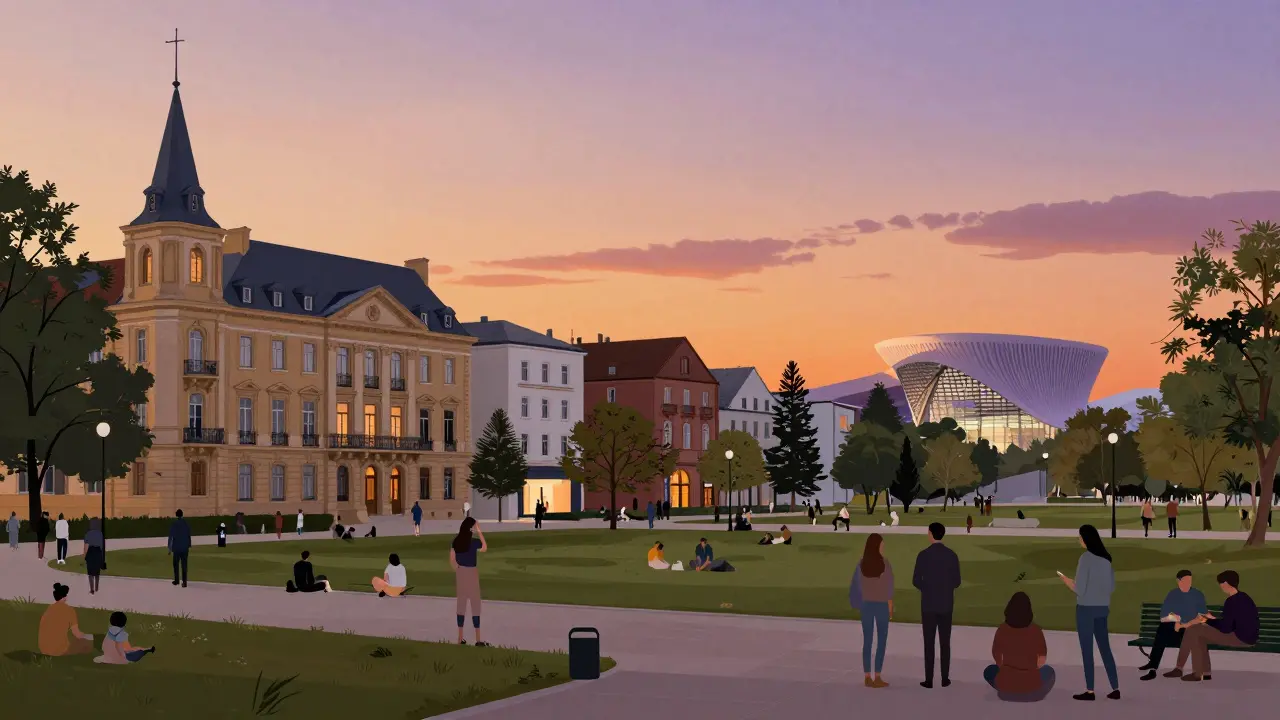 Parque Lezama al atardecer con edificios históricos y tecnología moderna