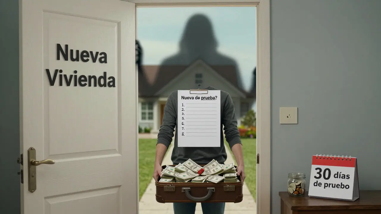 Persona en el umbral de una puerta con preguntas clave para mudarse, mientras una sombra de deuda la observa.