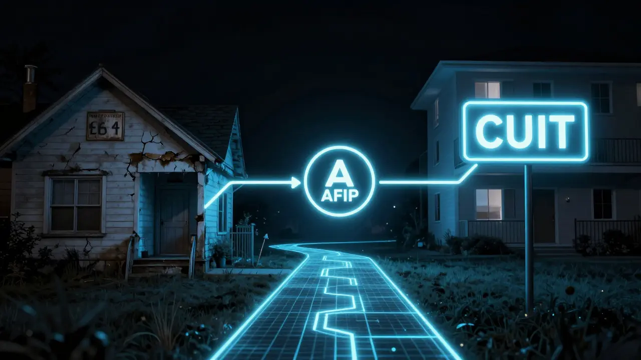 Ruta digital que conecta un antiguo domicilio con uno nuevo, vinculado por un hilo luminoso al logo de AFIP.