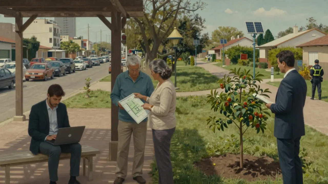 Tres compradores en un lote: uno trabaja desde casa, otro revisa planos, y otro planta árboles, con fondo de ciudad y barrio cerrado.