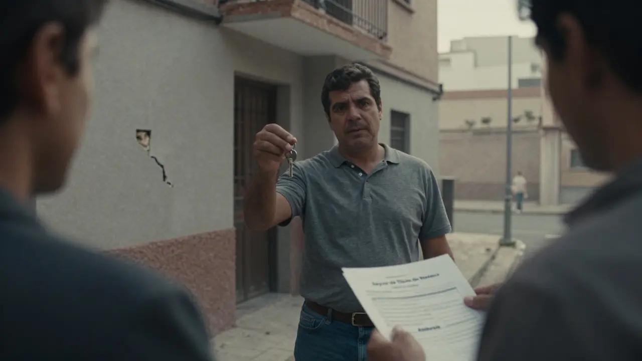 Un propietario sostiene una llave frente a su nueva vivienda mientras una figura sombría le ofrece seguros innecesarios.