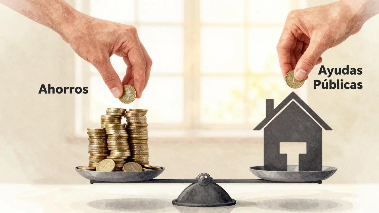 Una balanza equilibrada con ahorros y ayudas públicas sobre una silueta de casa.