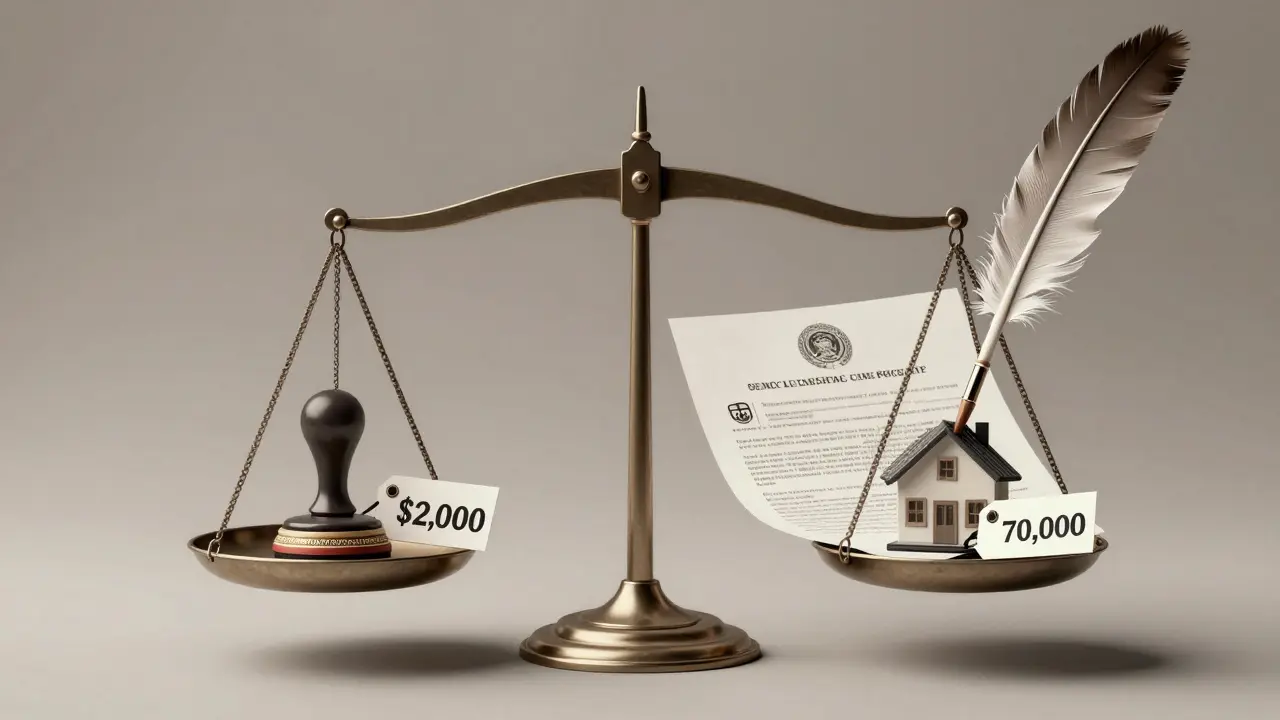 Una balanza que compara el costo de un reconocimiento de firma simple con el de una compraventa de inmueble compleja.