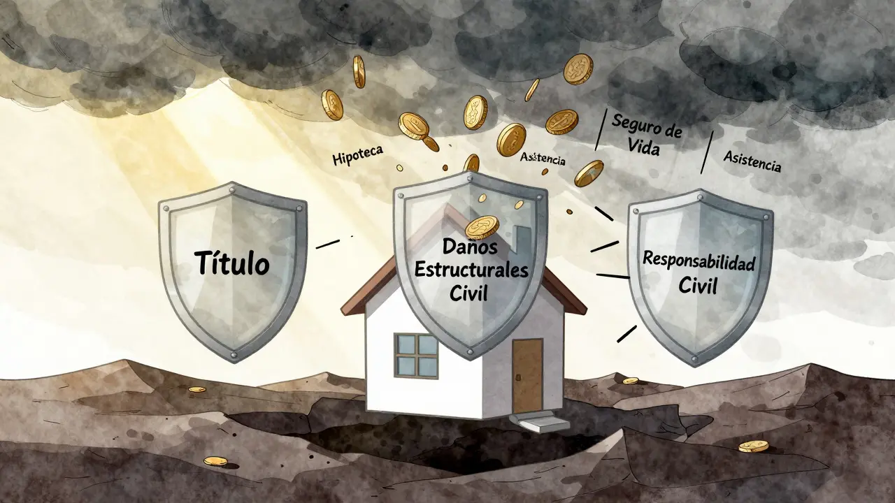 Una casa protegida por tres escudos de seguros obligatorios mientras otros seguros innecesarios se rompen en un abismo financiero.