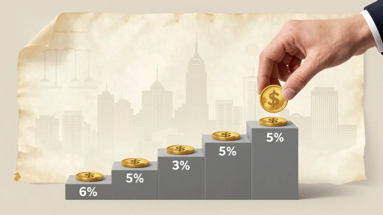 Una escala progresiva que muestra cómo disminuyen los porcentajes de honorarios notariales según el valor de la operación inmobiliaria.