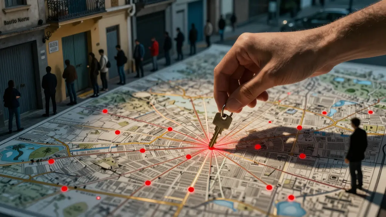 Una llave sobre un mapa de Buenos Aires con puntos rojos de escasez de alquileres y figuras en colas fuera de departamentos.