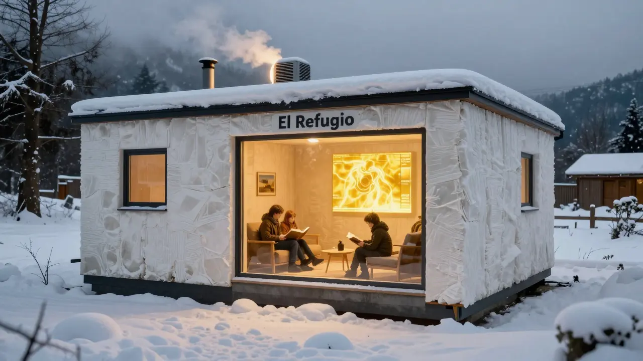 Vivienda El Refugio en Bariloche cubierta de nieve, sin chimeneas ni radiadores, con sistema de ventilación eficiente.