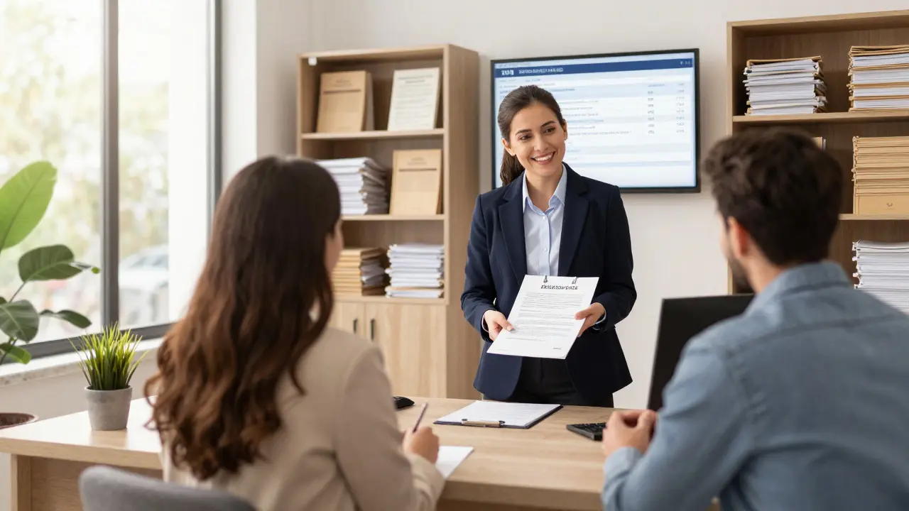 Agente inmobiliario mostrando documentos legales a compradores en una notaría, con luz natural y papeles organizados.