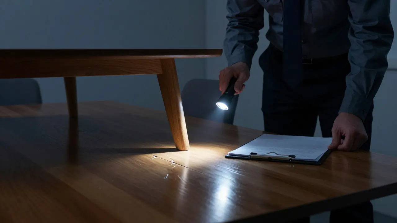 Ajustador de seguros inspeccionando un mueble dañado con linterna.