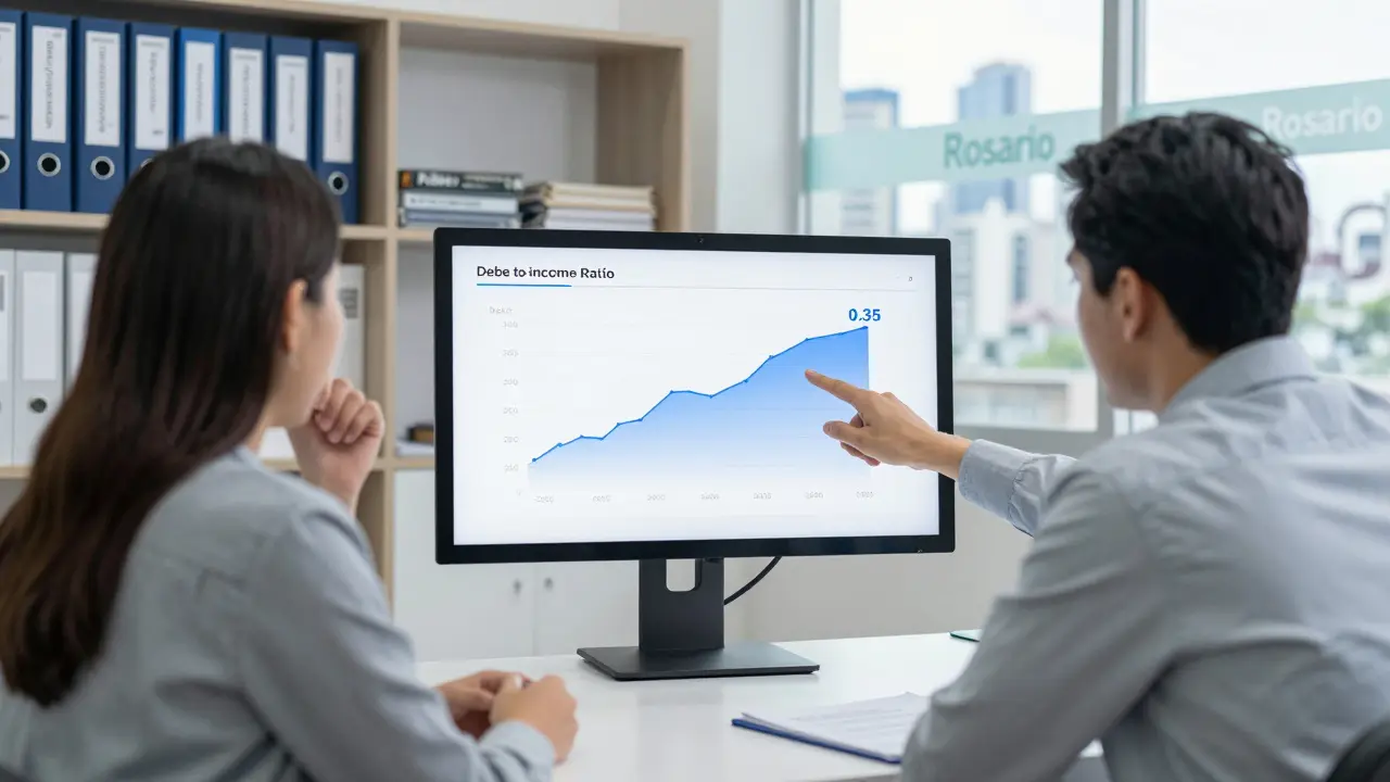Asesor financiero explicando una relación deuda-ingreso a un cliente en un banco argentino, con gráfico digital y fondo de ciudad.