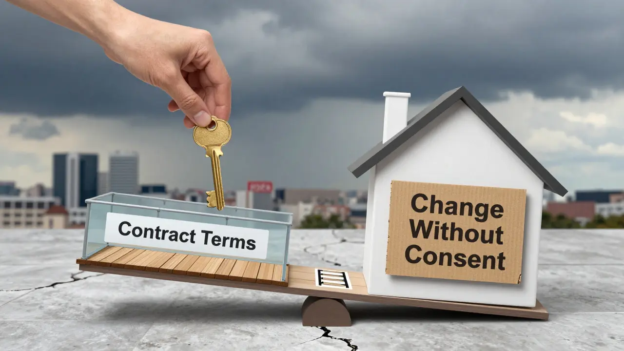 Balanza desequilibrada que muestra promesas de contrato frente a cambios no autorizados en vivienda.