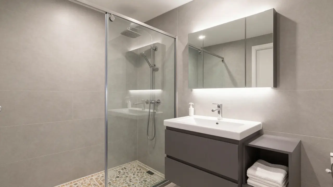 Baño renovado con azulejos claros, ducha de obra y iluminación LED integrada.