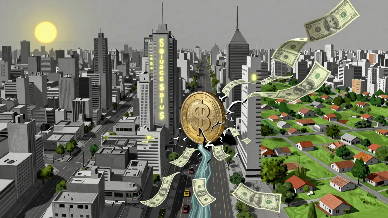 Buenos Aires dividida en zonas: centro lujoso, barrios estancados y periferia en expansión, con peso que se rompe.