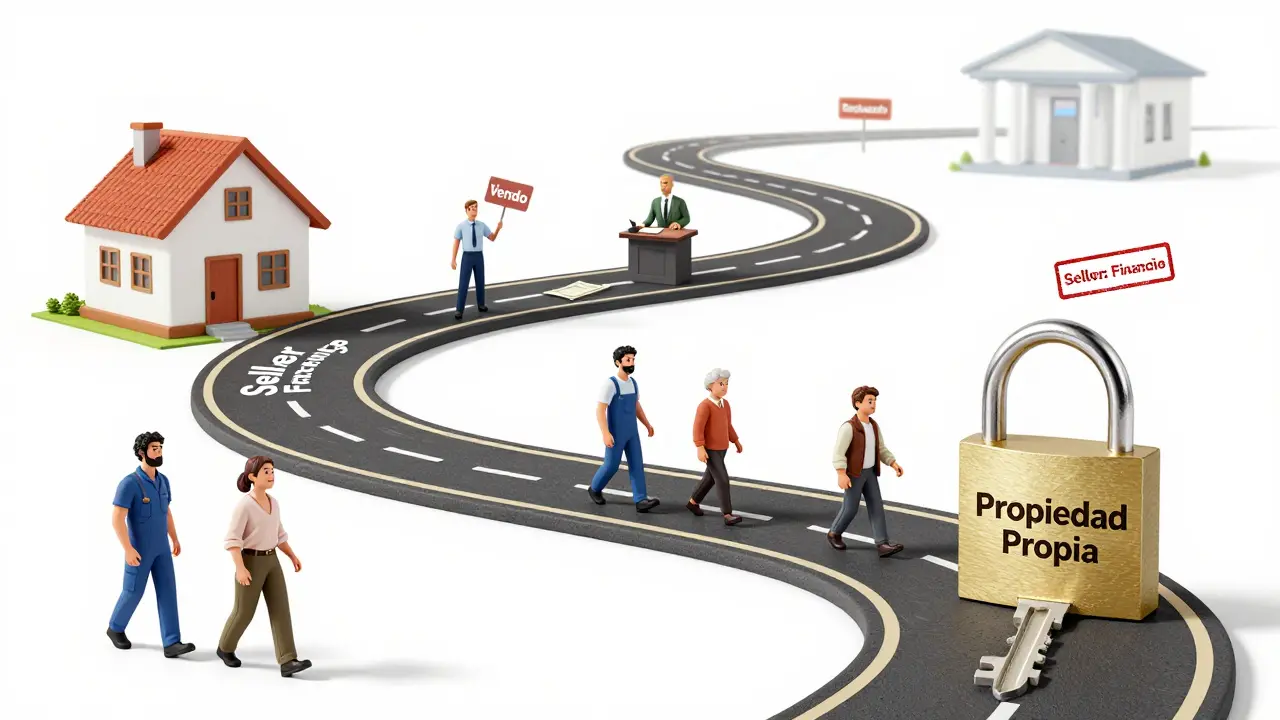 Camino simbólico de venta directa hacia la propiedad propia, sin bancos ni corredores.