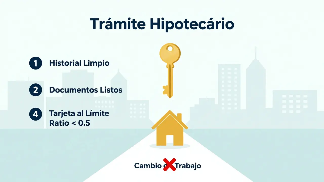 Camino simbólico hacia la aprobación de una hipoteca, con puntos de control y obstáculos, en estilo minimalista.