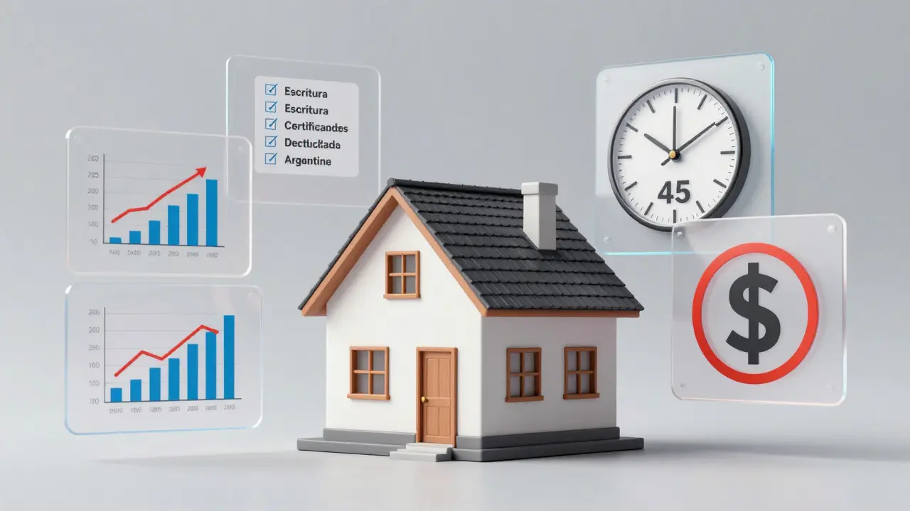 Casa con paneles flotantes que muestran factores clave para vender: precios reales, documentos, tiempo y moneda local.