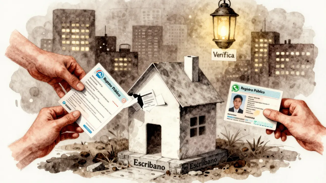 Casa de papel siendo desgarrada por manos que representan documentos falsos, mientras una base sólida de registro público la sostiene.