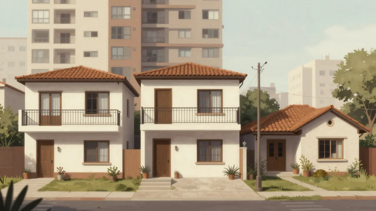 Comparación visual de dúplex, departamento y casa unifamiliar, destacando diferencias en privacidad y espacio exterior.