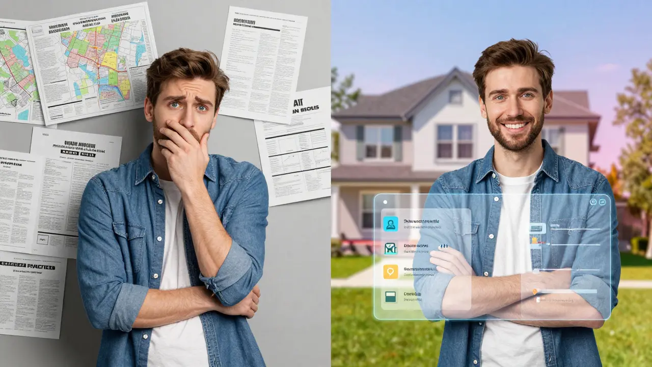 Comparación visual: un comprador confundido frente a papeles vs. otro con información clara de IA sobre una propiedad.