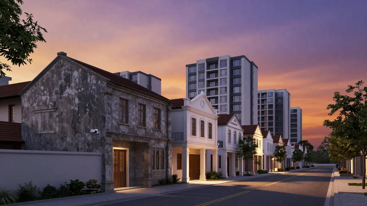 Contraste entre edificios antiguos y nuevas construcciones en paisaje urbano al sol