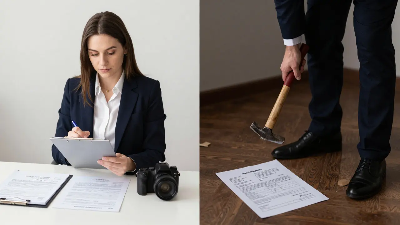 Contraste visual: propietario responsable con documentos y cámara frente a uno negligente con candado roto y multa.