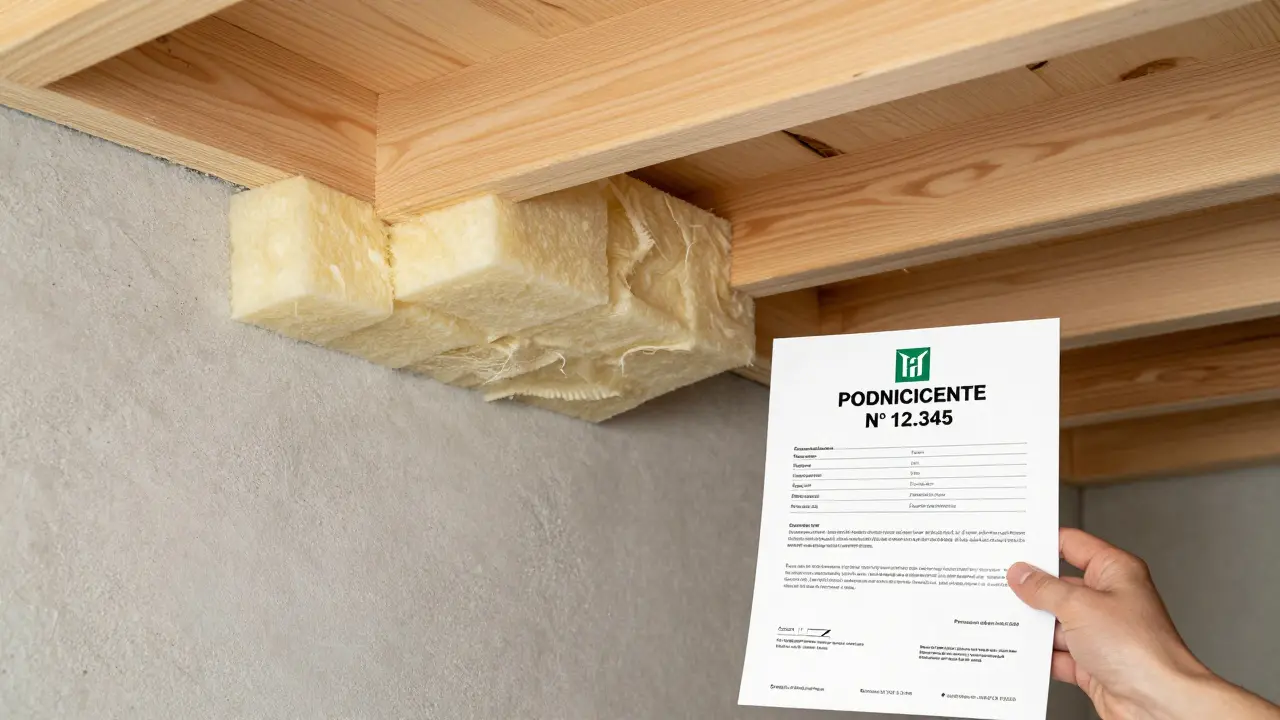 Detalle de aislamiento acústico bajo el piso superior de un dúplex, con certificado de norma provincial argentina.