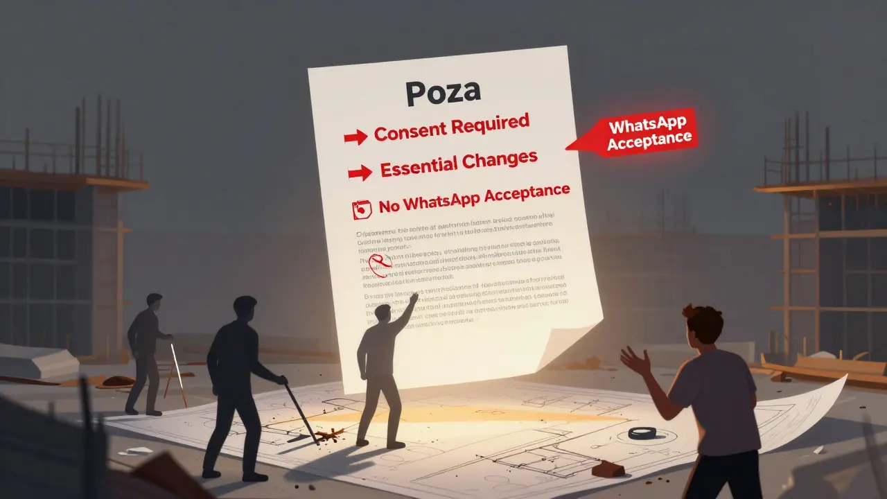 Documento legal flotante sobre obra en construcción en Poza, con cláusulas clave resaltadas en rojo.