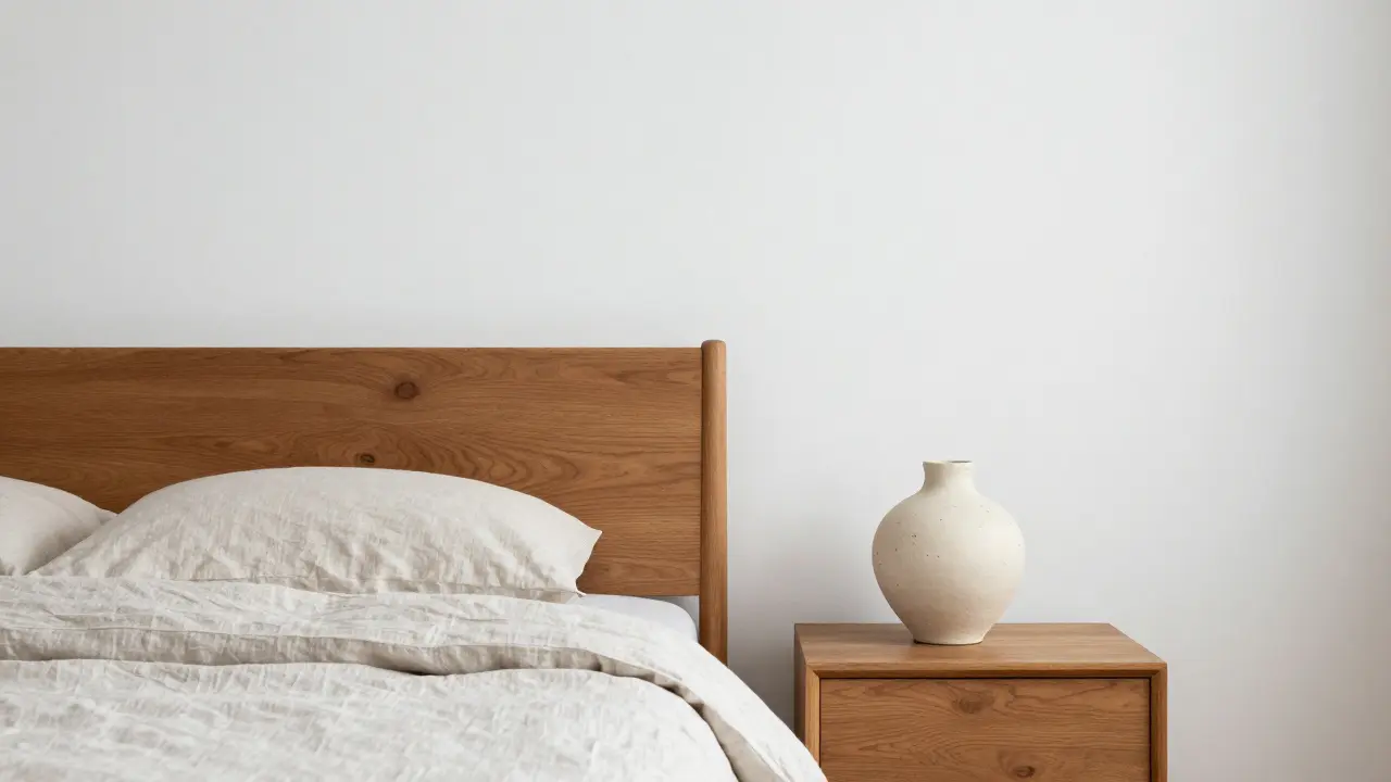 Dormitorio minimalista con cabecero de madera, colchón de lino y maceta cerámica artesanal, ambiente sereno y cálido.