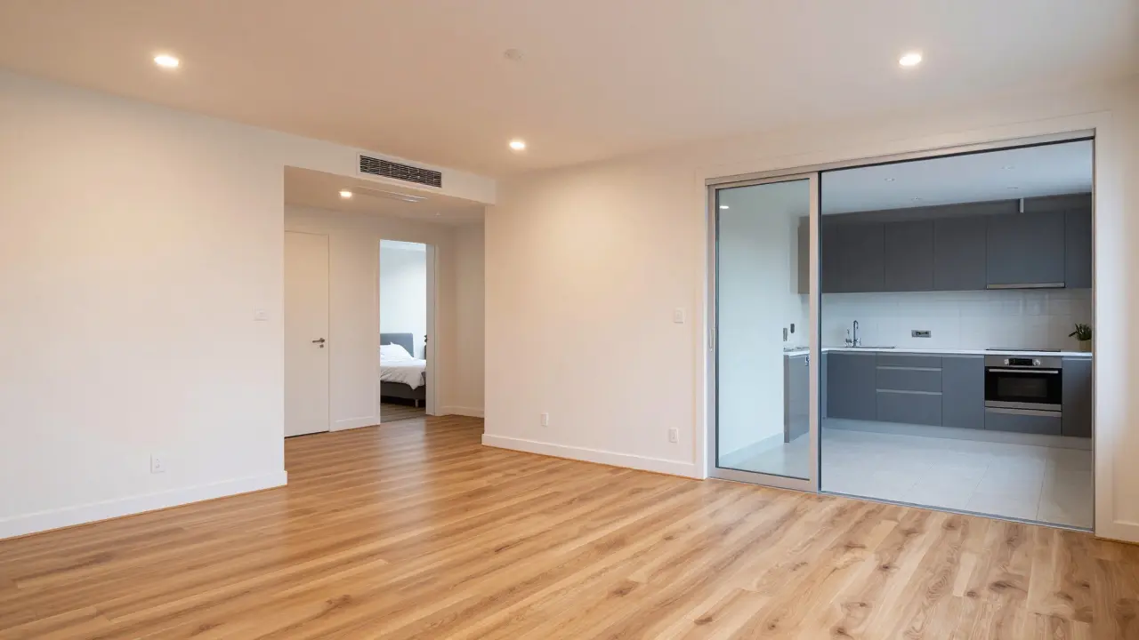 Espacio vital con suelo de madera, iluminación inteligente y pared corrediza para habitación oculta.