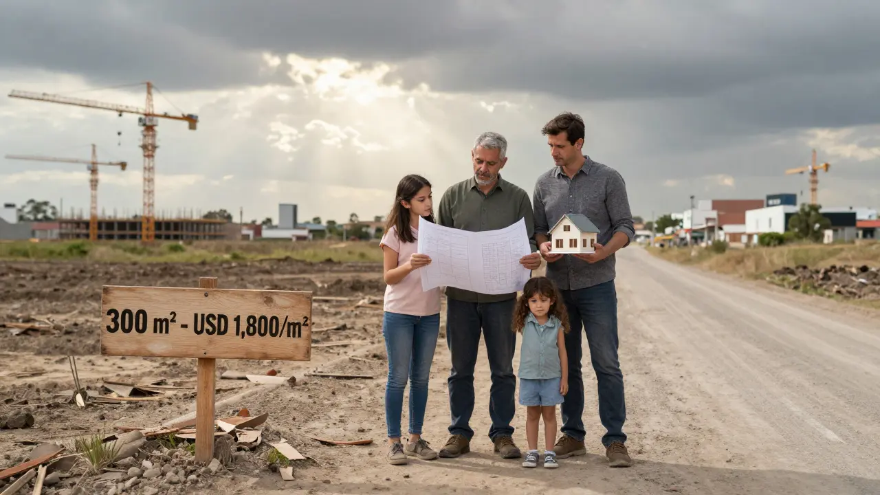 Familia en terreno en Quilmes, Buenos Aires, planeando construir una casa modesta con planos en mano.