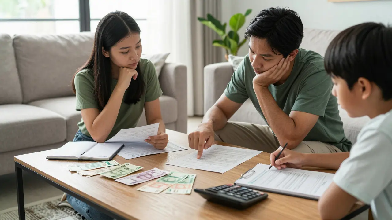 Familia revisando documentos financieros en sala
