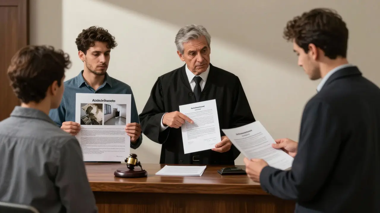 Juez en tribunal argentino examina pruebas de daños en vivienda mientras propietario presenta contrato no registrado.