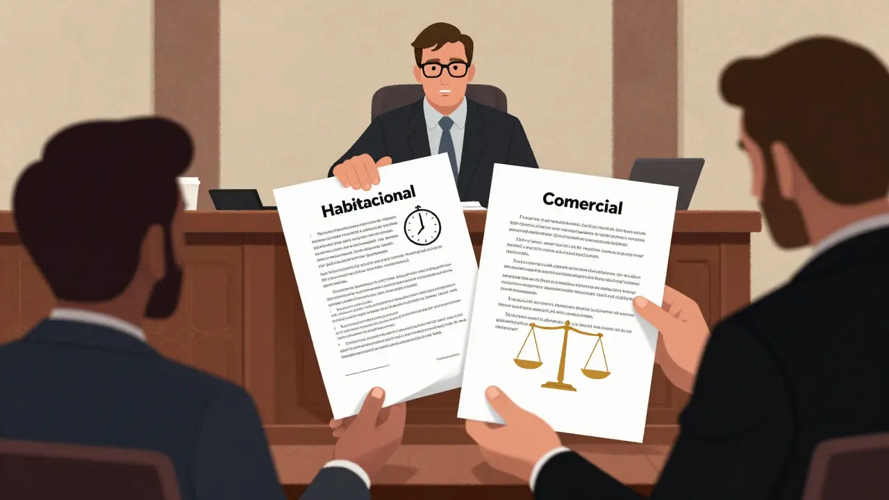 Juez en tribunal comparando contratos habitacional y comercial con símbolos legales.