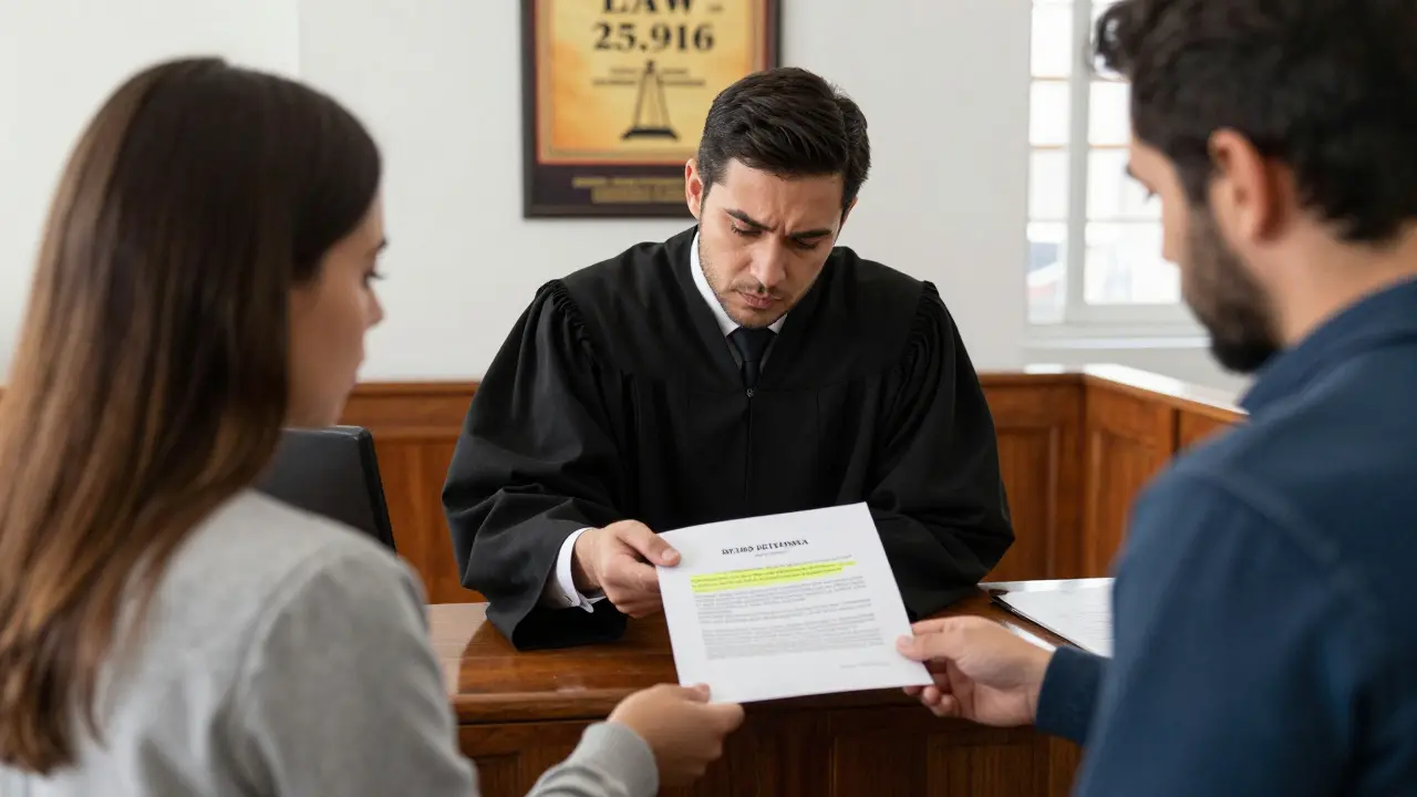Juez en tribunal de Santa Fe examinando un contrato de compra de vivienda con la Ley 25.916 visible al fondo.